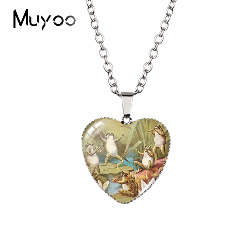 2021 New Vintage Fairy Stories Girls and Frogs Mushroom Oil Paintings Glass Cabochon Heart Pendants Handcraft Necklace HZ3