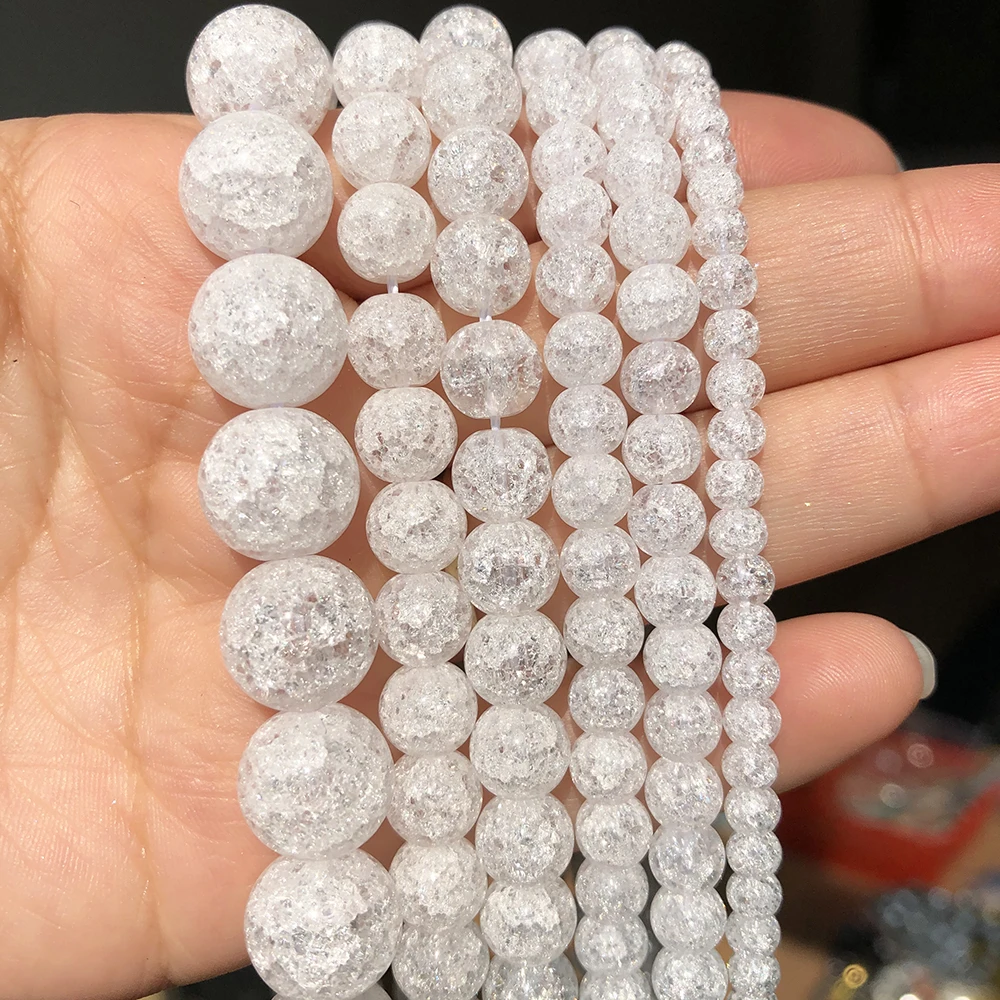 4 6 8 10 12mm White Cracked Crystal Beads Round Loose Spacer Beads for Jewelry Making DIY Bracelet Charms Accessories 15''Inches