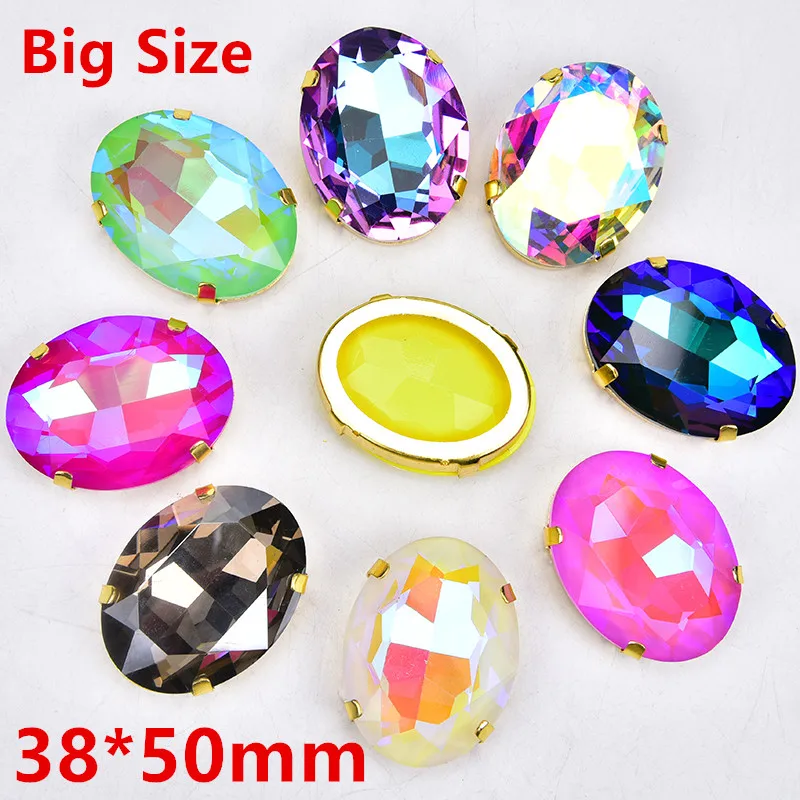 Big Size 38*50mm Oval Mocha Rhinestones Glass Crystal With Gold Claw Loose Stones Sewing For Garment Dress DIY Accessories