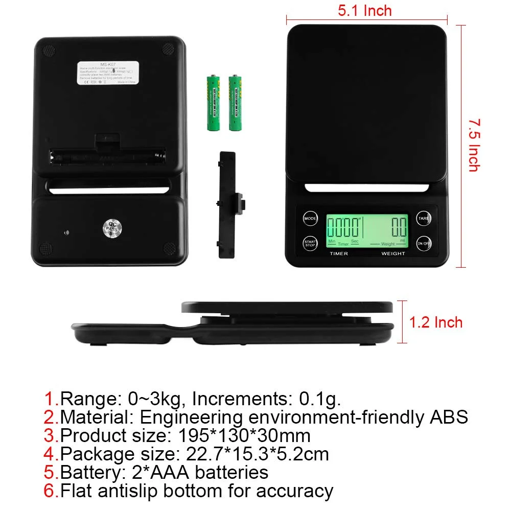 3kg 0.1g 5kg 0.1g Coffee Weighing 0.1g Drip Coffee Scale with Timer Digital Kitchen Scale High Precision LCD Scales