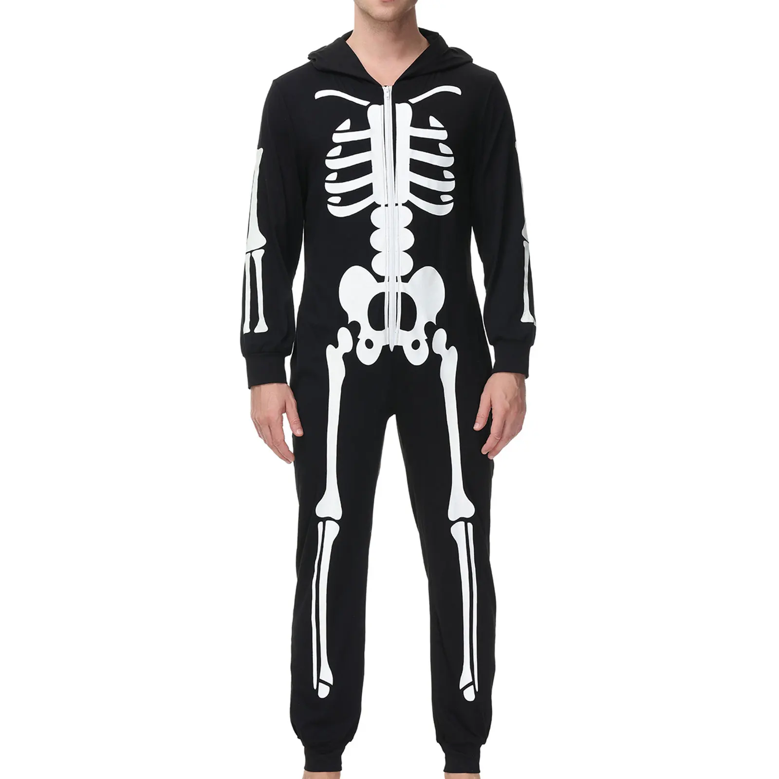 Halloween Scary Skeleton Family Costumes for Adult Kids Family Horror Skull Jumpsuit Party Hooded Matching Pajamas Set