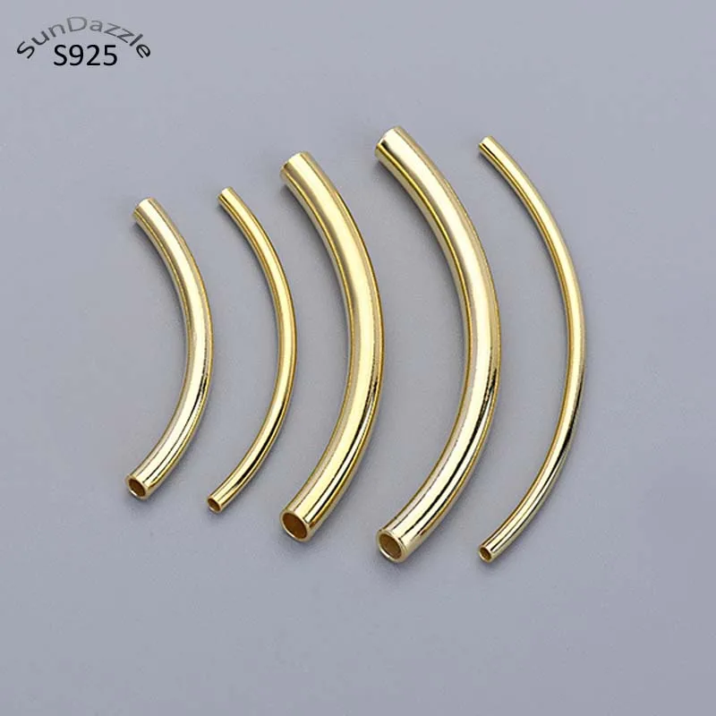 

2pcs Genuine Real Pure Solid 925 Sterling Silver Curved Tube Silver Long Beads 18K Gold Tube Connector Jewelry Making Findings