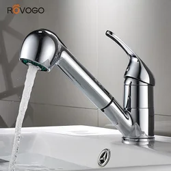 ROVOGO Pull Out Kitchen Faucets,Low Arc Single Lever Solid Brass Bar Kitchen Sink Faucet Cold and Hot Mixer Taps (Chrome)