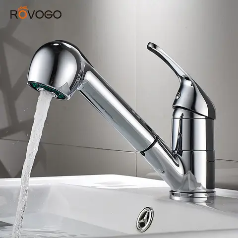 ROVOGO 풀아웃 주방 수도꼭지, 로우 아크 싱글 레버, 솔리드 황동 바 주방 싱크대 수도꼭지, 냉온수 믹서 탭 (크롬)