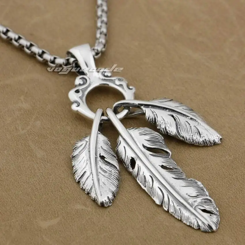 Three Feathers 925 Sterling Silver Mens Biker Rock Punk Pendant 9E014 with Stainless Steel Necklace 26 inches