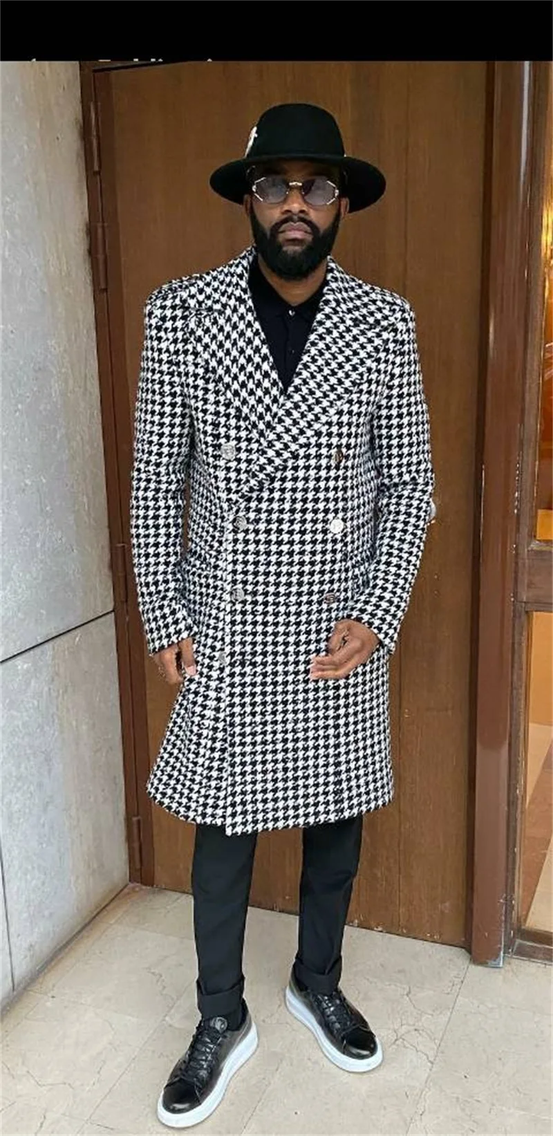 

Houndstooth Design Men Suits Formal Casual Customized Fit Party Long Coat Real Image Handsome Double Breasted Jacket