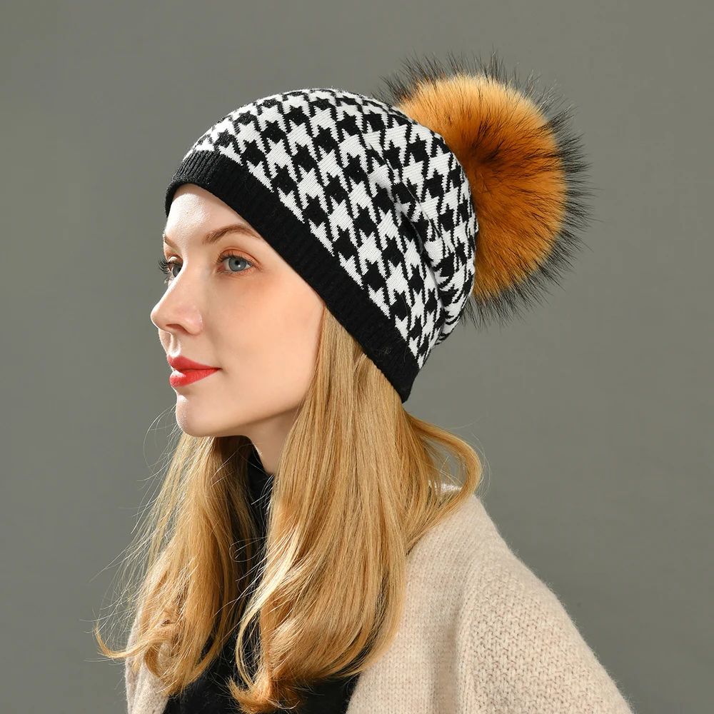 Jxwatcher Women's Winter Hats Plaid Wool Beanie Real Big Fox Fur Pompom Hat Warm Thick Knit Bonnets Fashion Female