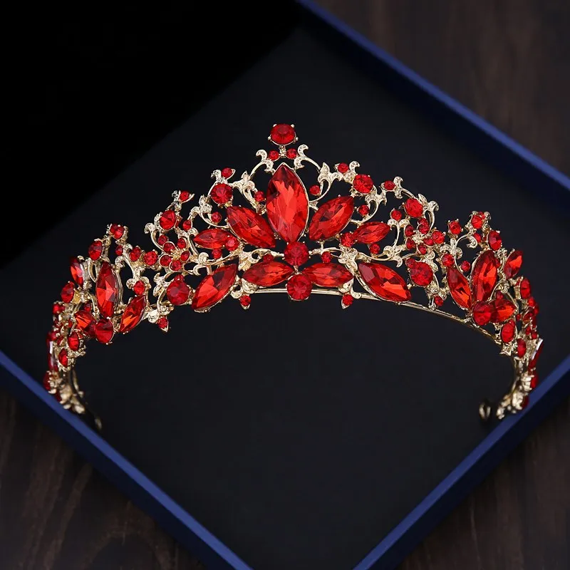 Baroque Vintage Red Crystal Bridal Hair Jewelry For Wedding Tiaras And Crowns With Necklace Earrings Sets Princess Queen Diadems