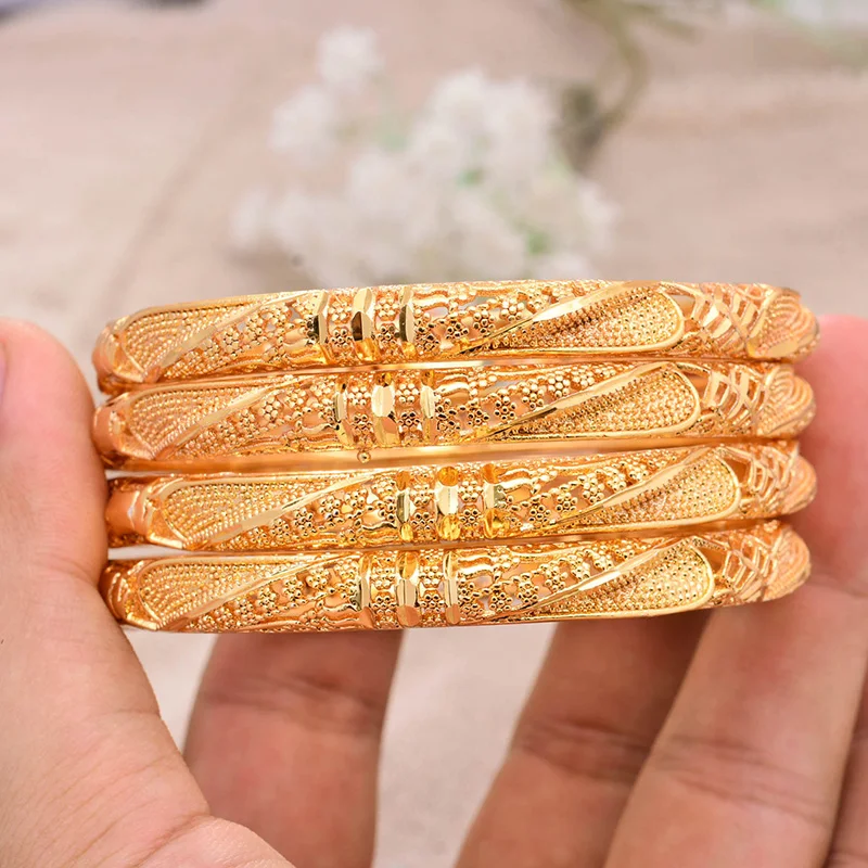 

ANNAYOYO 4Pcs/lot Bangles Africa Gold Color Bangles for Women Dubai Bride Bracelet African Wedding Jewelry Middle East Items