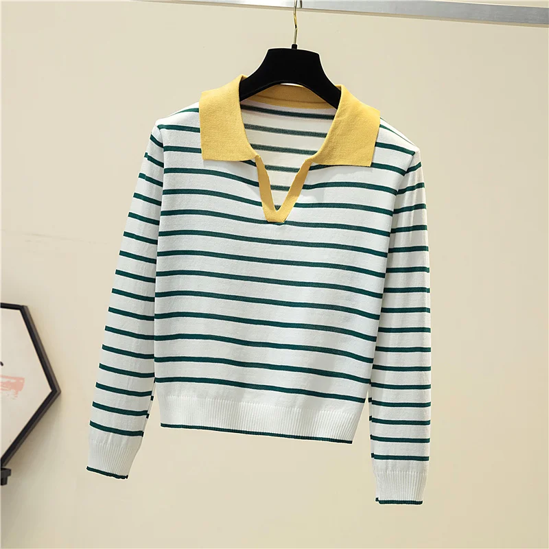 Striped v-neck pullover polo sweater women\'s early autumn all-match tops long-sleeved knitted bottoming sweaters jumpers