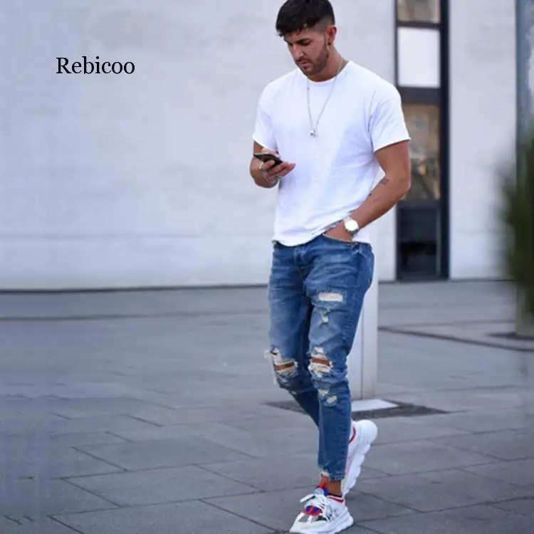 

Fashion Casual Men Jeans Solid Slim Ankle Length Denim Trousers Hole Ankle Length Streetwear