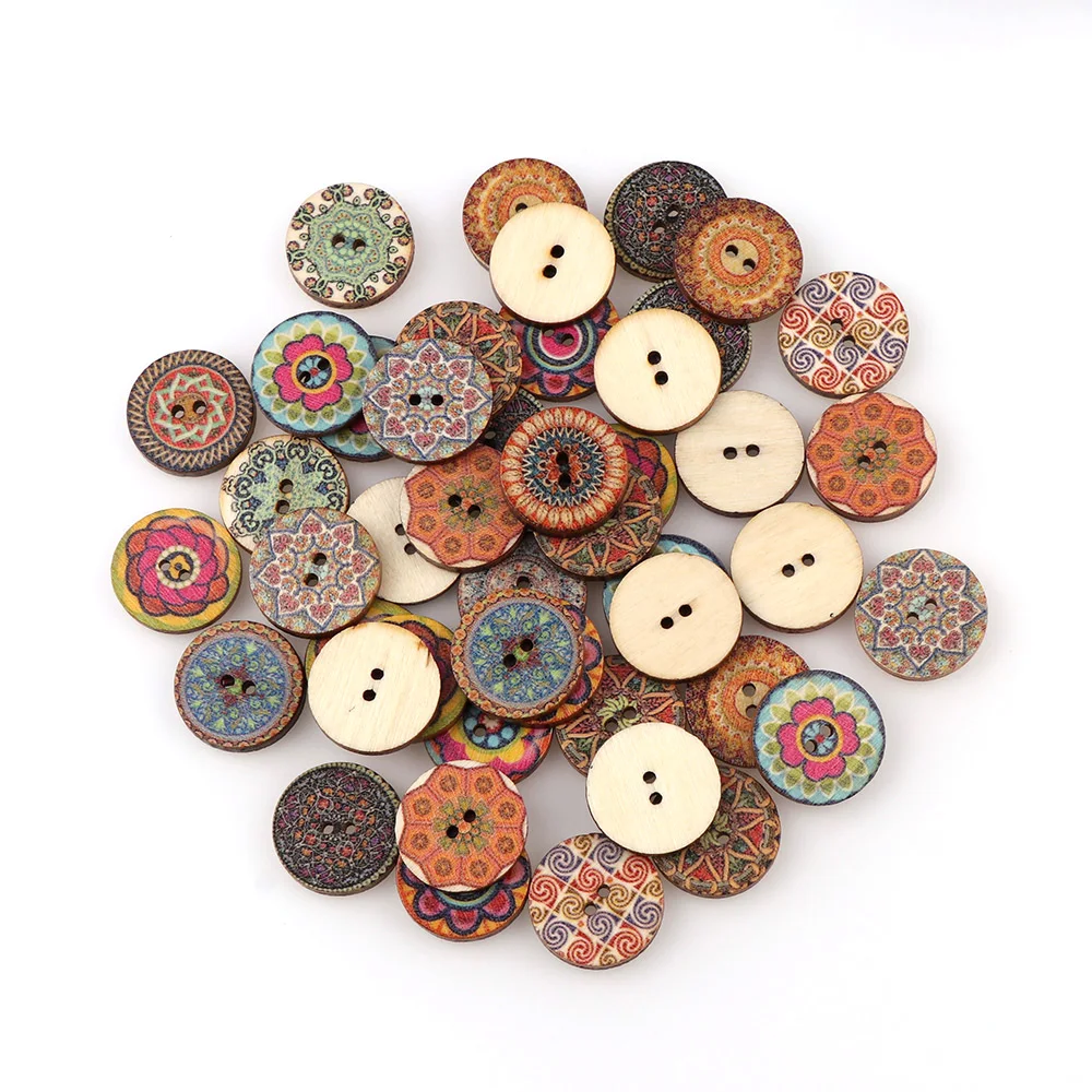 50/100pcs Vintage Series Wooden Buttons Flatback Multi Pattern Buttons for DIY Clothing Handmade Sewing Scrapbook Craft Supplies