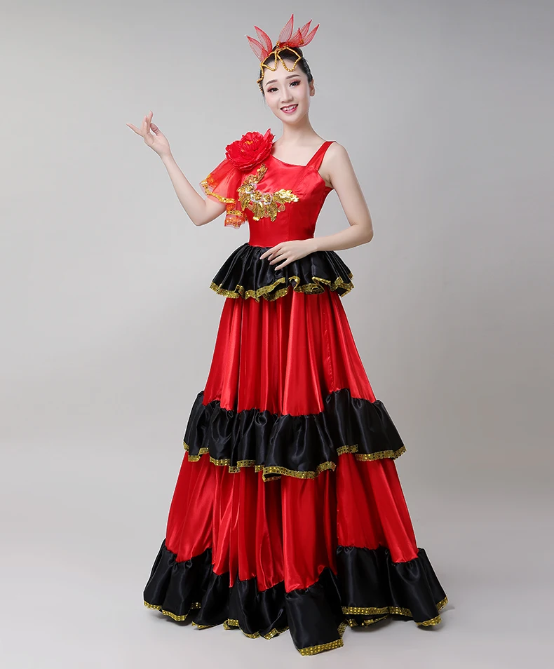 Fato de dança espanhola adulto, saia flamenca, dança de abertura, grande balanço, saia cigana vermelha, performance de palco