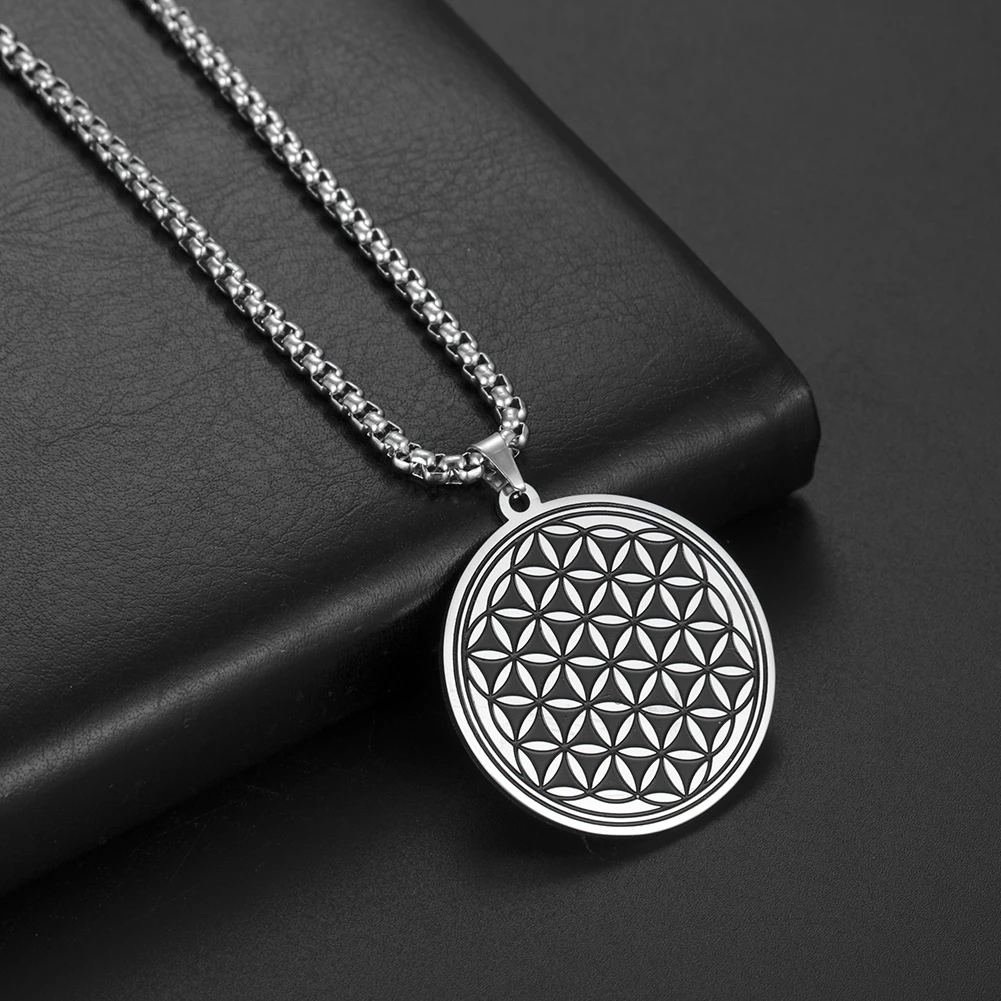 Skyrim Vintage Mandala Black Flower of Life Necklace for Men Women Stainless Steel Box Chain Necklaces Party Jewelry 2024 New