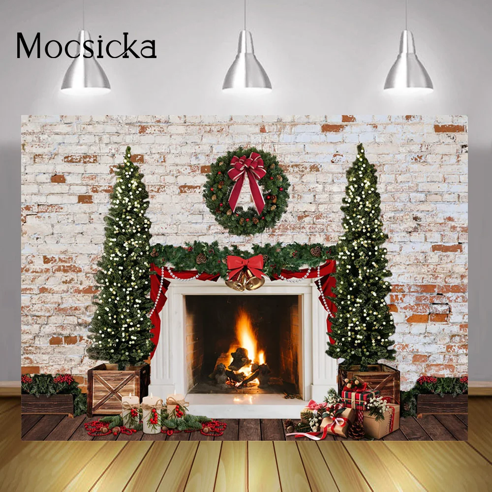 

Winter Fireplace Background Christmas Trees Brick Wall Wreath Gift Candle Backdrop Merry Christmas Party Banner Decorations Prop