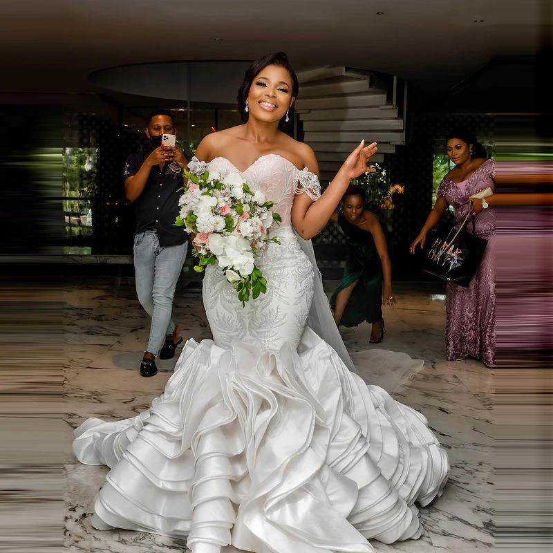 Arabisch Aso Ebi Mermaid Trouwjurken Uit De Schouder Kralen Applicaties Plus Size Bridal Dress Ruches Vestidos De Novia