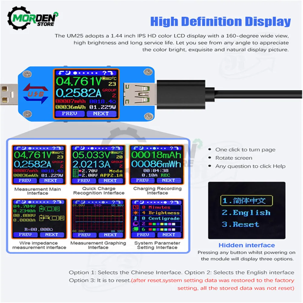 UM24 UM24C UM25 UM25C UM34  Voltage Current Meter USB 2.0 Type-C LCD Color Display Voltmeter Ammeter Battery Charge USB Tester