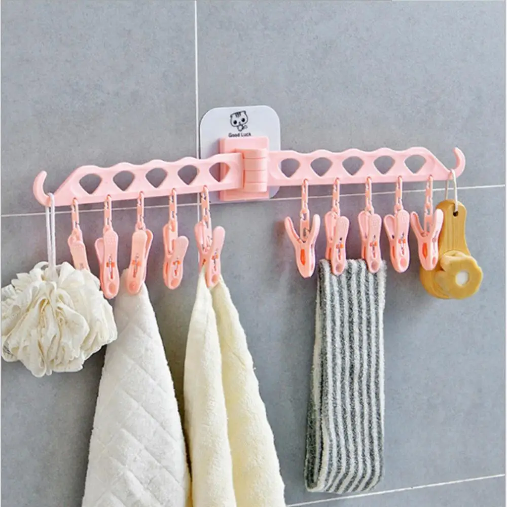 Multi-functional Self-adhesive Clothes Hanger Plastic 10 Clips Clothes Rack Bra Socks Sundry Folding Wall-Mounted Clothes Hanger