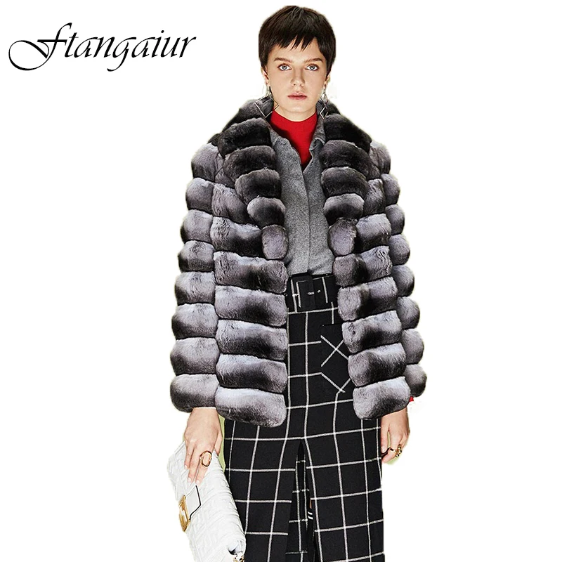 Ftangaiur New Winter Import Original Color Chinchilla Coat luxury Women Turn-Down Collar Medium Natural Chinchilla Fur Coats