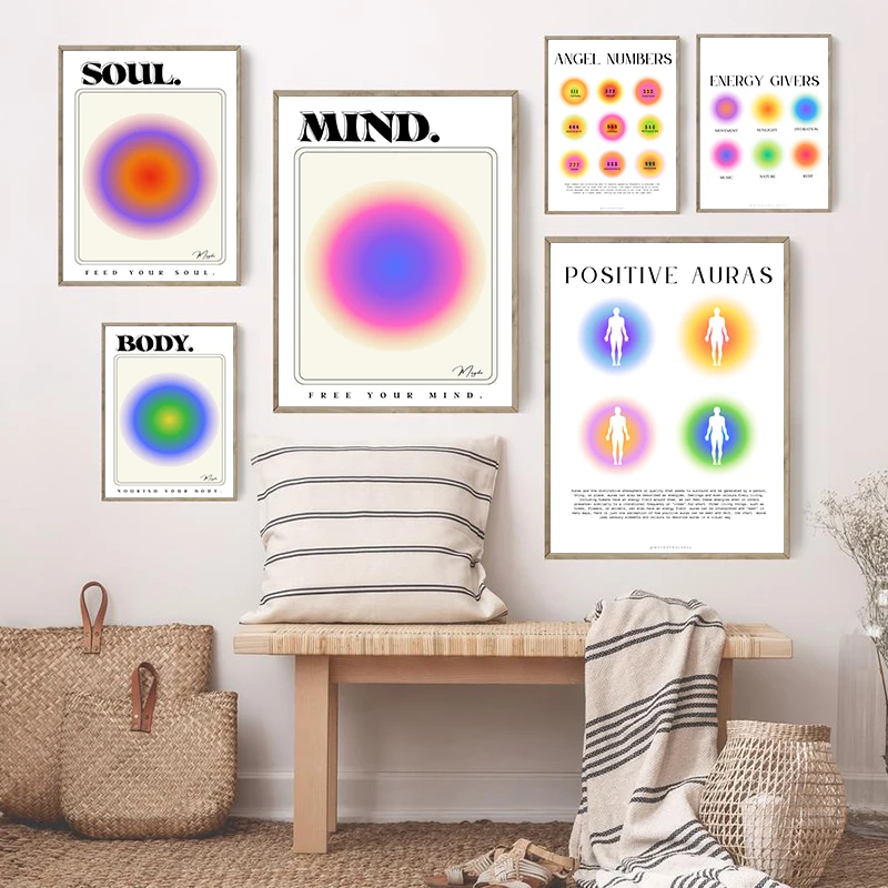 MIND BODY & SOUL Canvas Painting Gradient Spiritual Aura Angel Number Posters Minimal Pastel Vintage Danish Eclectic Art Prints