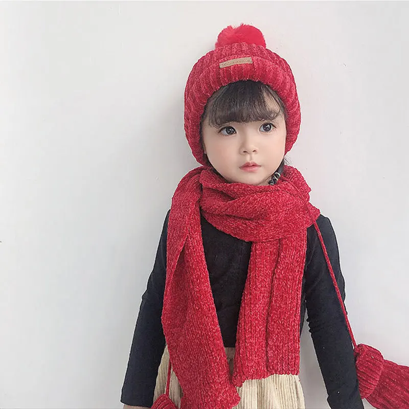 Three-piece Knitted Hats Scarf Gloves Set Children Hat PomPom Autumn Winter Warm Mittens Boy Caps Beanies Fashion Sets Kids Caps