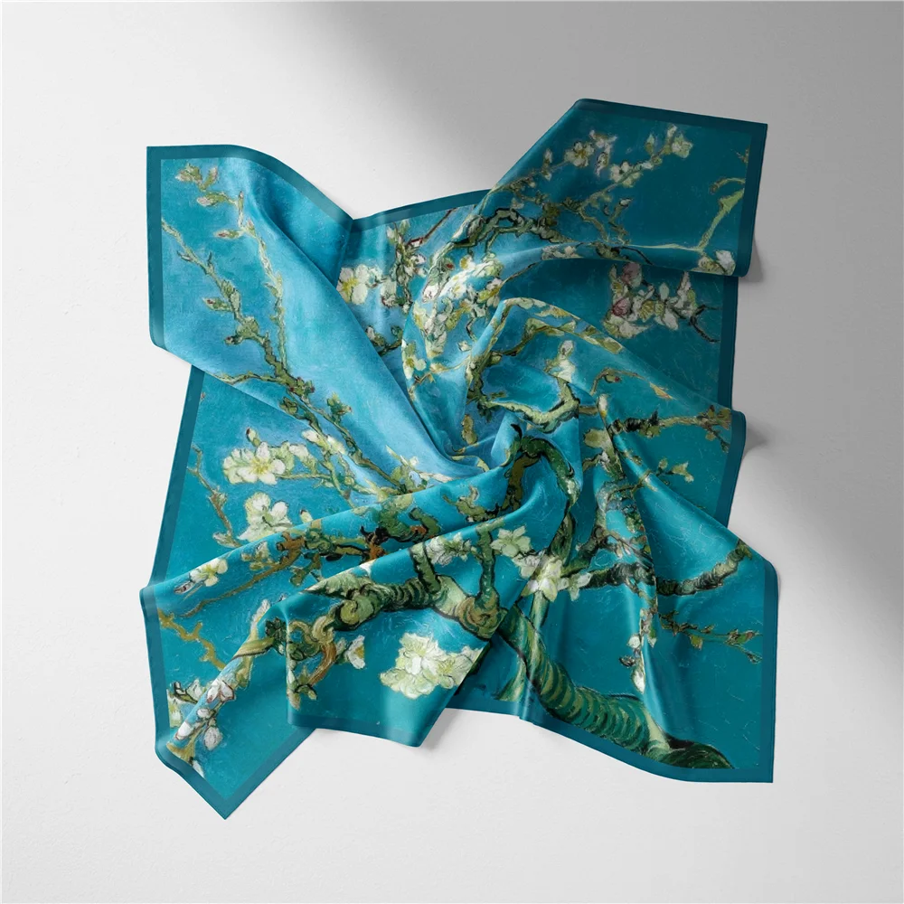 Twill Silk Scarf Woman Van gogh Oil Painting Square Scarves Wraps Bandana Small Hijab Foulards Tie Headband Neckerchief 53CM