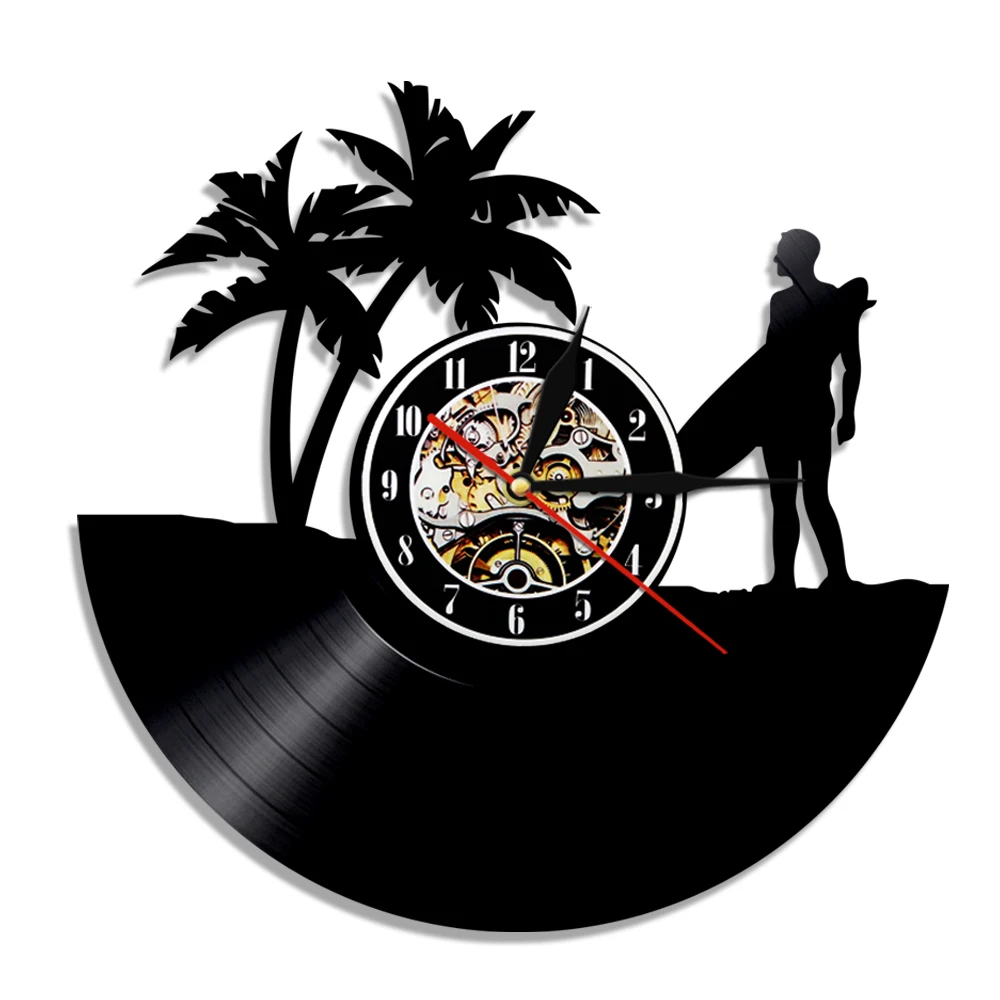 Summer Time Clocks Aloha State Hawaii Surfing Vinyl Record Wall Clock Home Decor Watch Tropical Beach Palm Tree Surfer Gift Idea