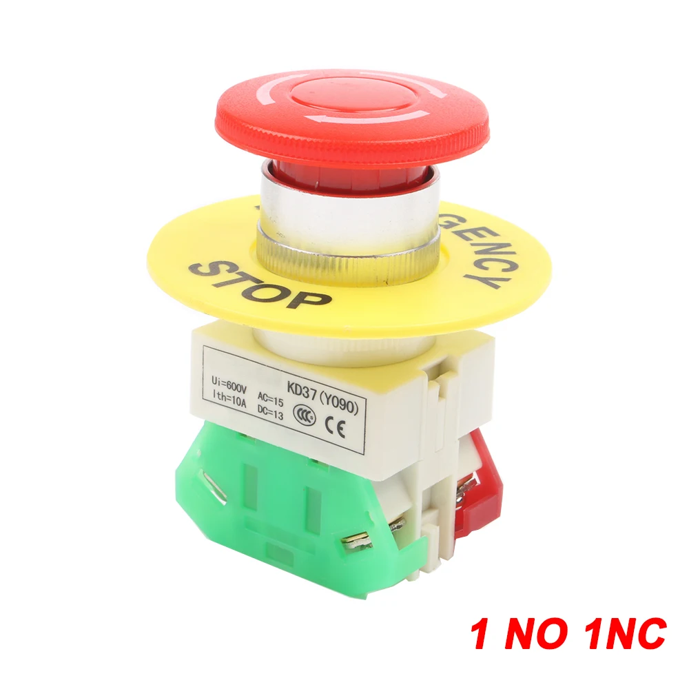 Plastic 1NO 1NC Emergency Stop Push Button Switch Latching Self Lock DPST Mushroom Cap AC 600V 10A Switch Button