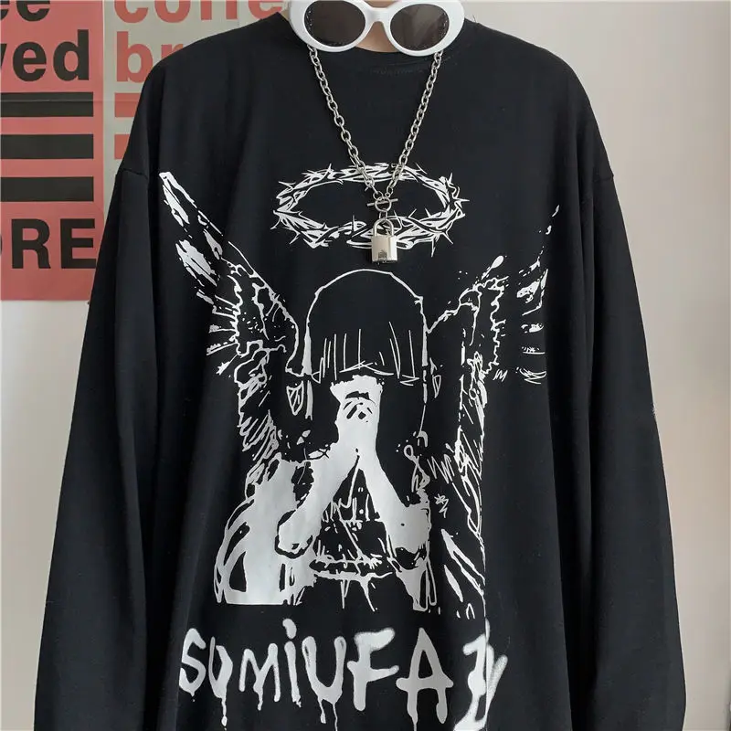 QWEEK Harajuku Gothic Angle Print T-shirt Women's 2021 Streetwear Long Sleeve Black Tops Alt Clothes Pastel Mall Goth Trendy