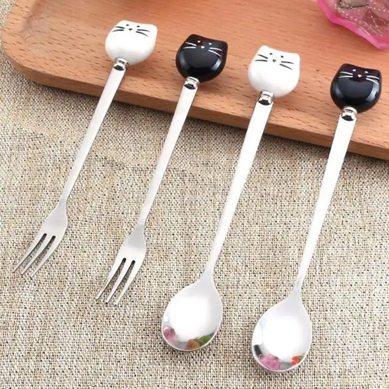 1pc Cartoon Cat Spoon Fork Long Coffee Stirring Spoon Fruit Fork Stainless Steel With Ceramic Cat Handle