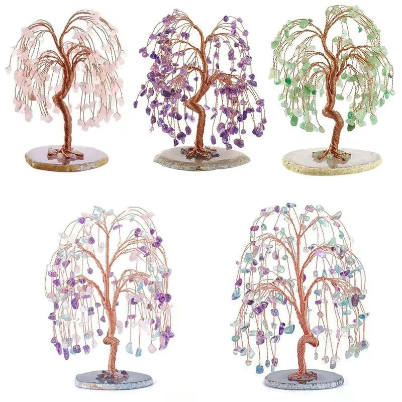 Mini Crystals Money Tree Copper Wire Wrapped Agate Slice Base Chakra Amethyst Gemstone Feng Shui Trees For Home Decoration