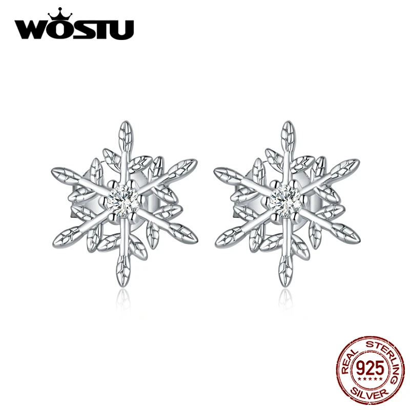 WOSTU Real 925 Sterling Silver Tiny Snowflake Stud Earrings For Women Shiny Zircon S925 Wedding Engagement Jewelry Gift CTE424