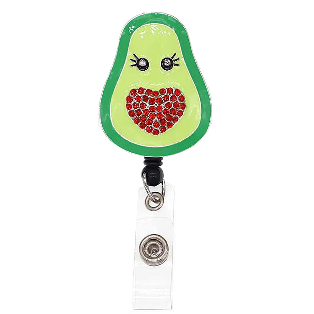 

Enamel Green Tone Rhinestone Red Heart Fruit Avocado Shape 360° ID Badge Holder