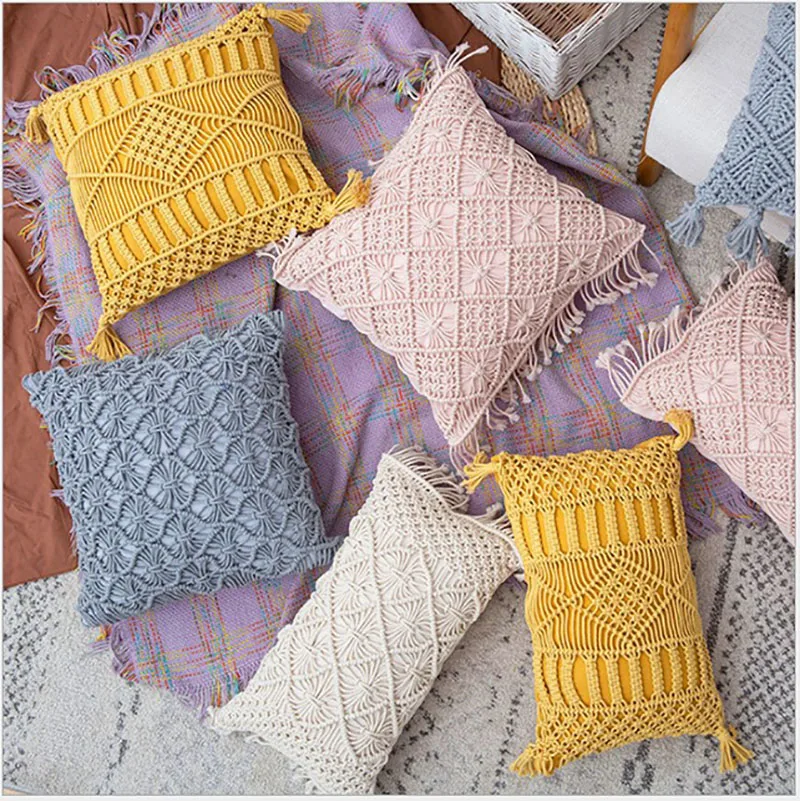 

Decorative Cushion/ Yellow Pink Grey Hand Made Woven/Tassels Home Decoration Macrame Pillow Case For Sofa Bed