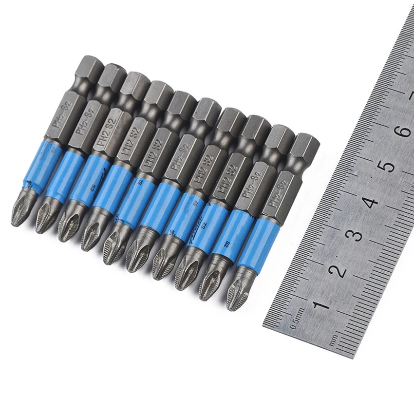 10PCS/Set Alloy Steel S2 PH2 Screwdriver Bit Phillips Bits 6.35mm Shank Non-Slip Screwdriver Bits Set with Magnetic, 50mm Long