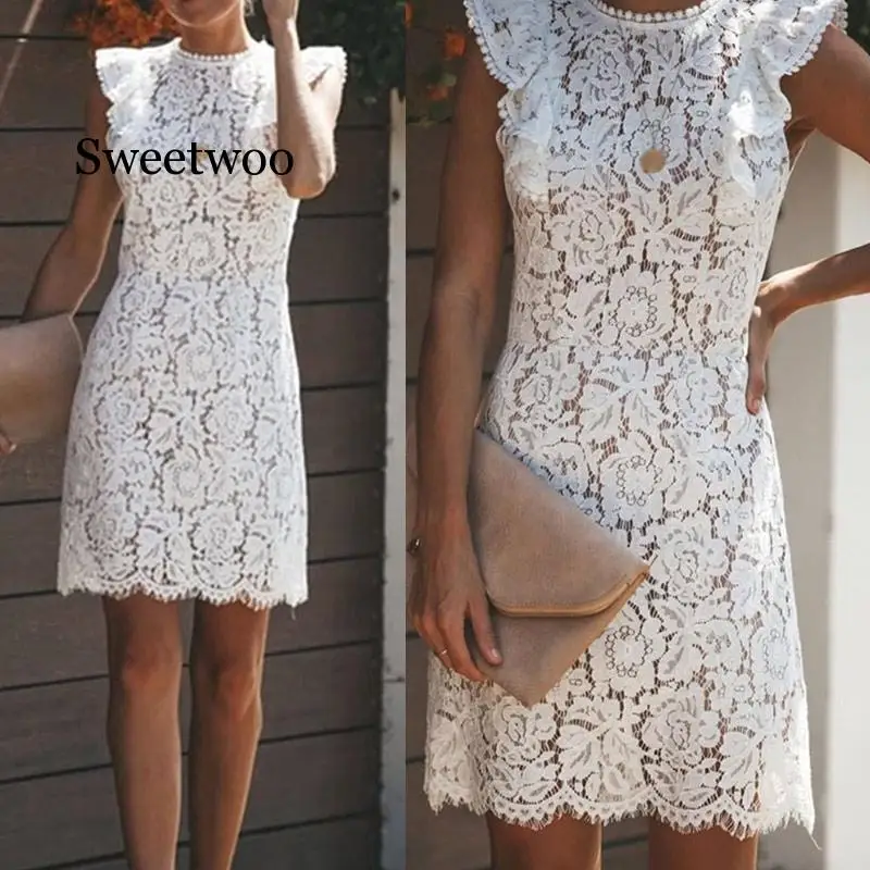 

Sleeveless Lace Floral White Womens Mini Dress Patchwork Vintage Bodycon Party Dresses Women Summer 3XL Female Vestido