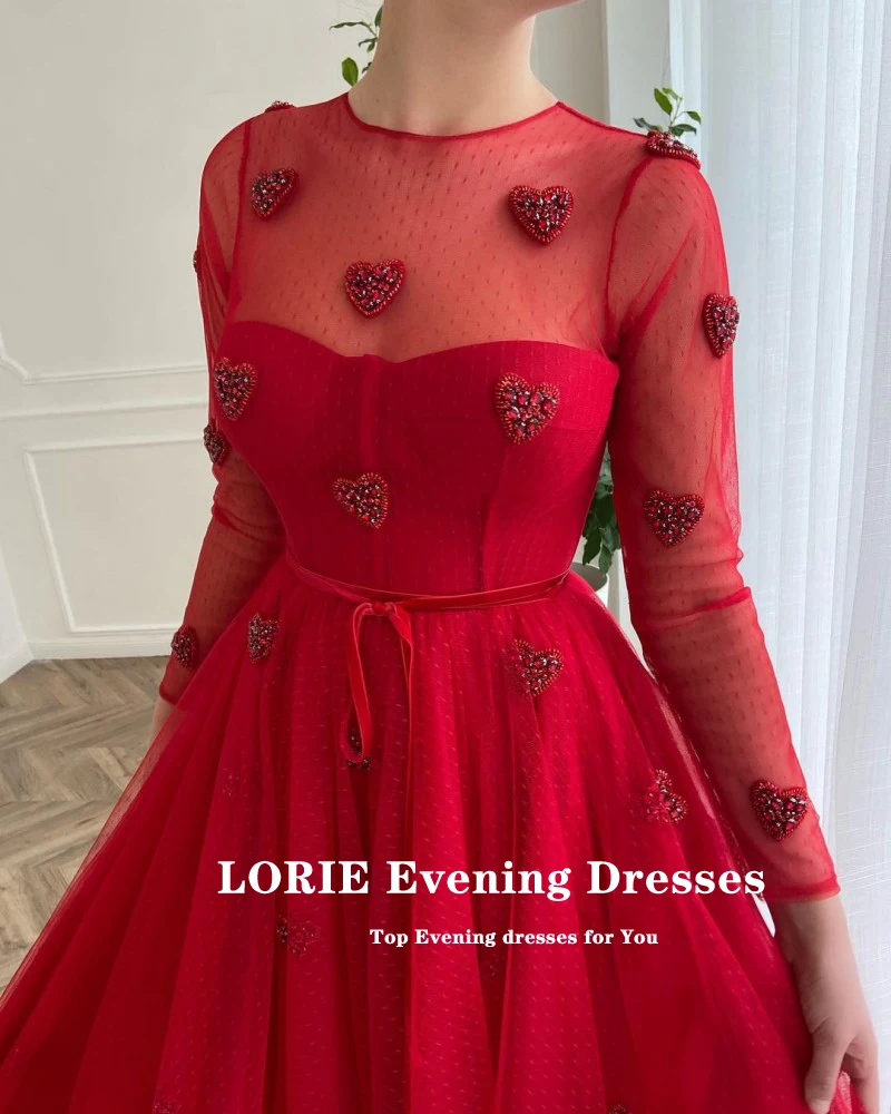 LORIE vestidos de graduación rojos con cuello redondo, línea A con cuentas, mangas largas, largo hasta el té, lunares, tul árabe, vestido de fiesta de boda para graduación