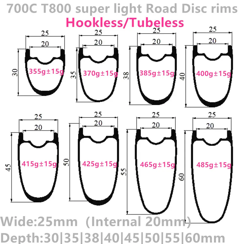 

[CB25RHT700C] Ultralight T800 Carbon Disc Road rims 700C 30mm 35mm 38mm 40mm 45mm 50mm 55mm 60mm Hookless Tubeless Carbon Rim