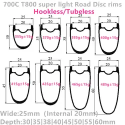 [CB25RHT700C] Ultralight T800 Carbon Disc Road rims 700C 30mm 35mm 38mm 40mm 45mm 50mm 55mm 60mm Hookless Tubeless Carbon Rim