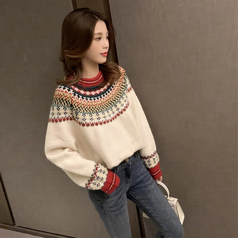 Autumn Winter Clothes Women Christmas Party Jacquard Knitted Sweaters Female Midi Casual Long Sleeve Loose Warm Pullover Tops