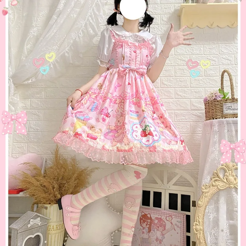 Imagem -02 - Vestido de Lolita Feminino Kawaii Vestidos para Mulheres Jsk Laço Fofo Urso Estampa Rosa Plissado Vintage com Renda Cintura Alta Alça