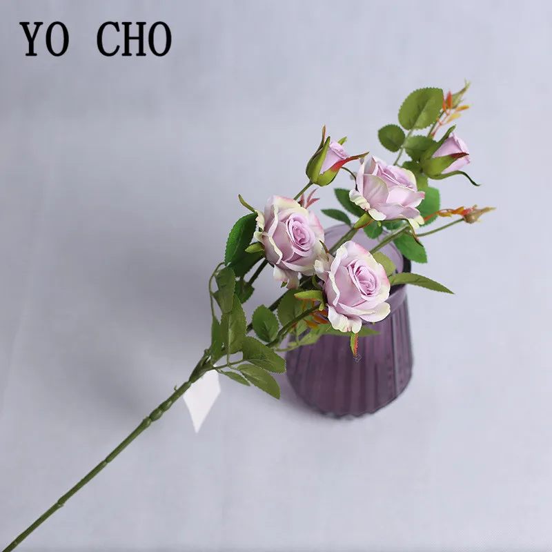 YO CHO Artificial Flower 5 Head Silk Rose DIY Flower Arrangement Long Stem Fake Rose Decor Wedding Wall Girl Home Party Decor