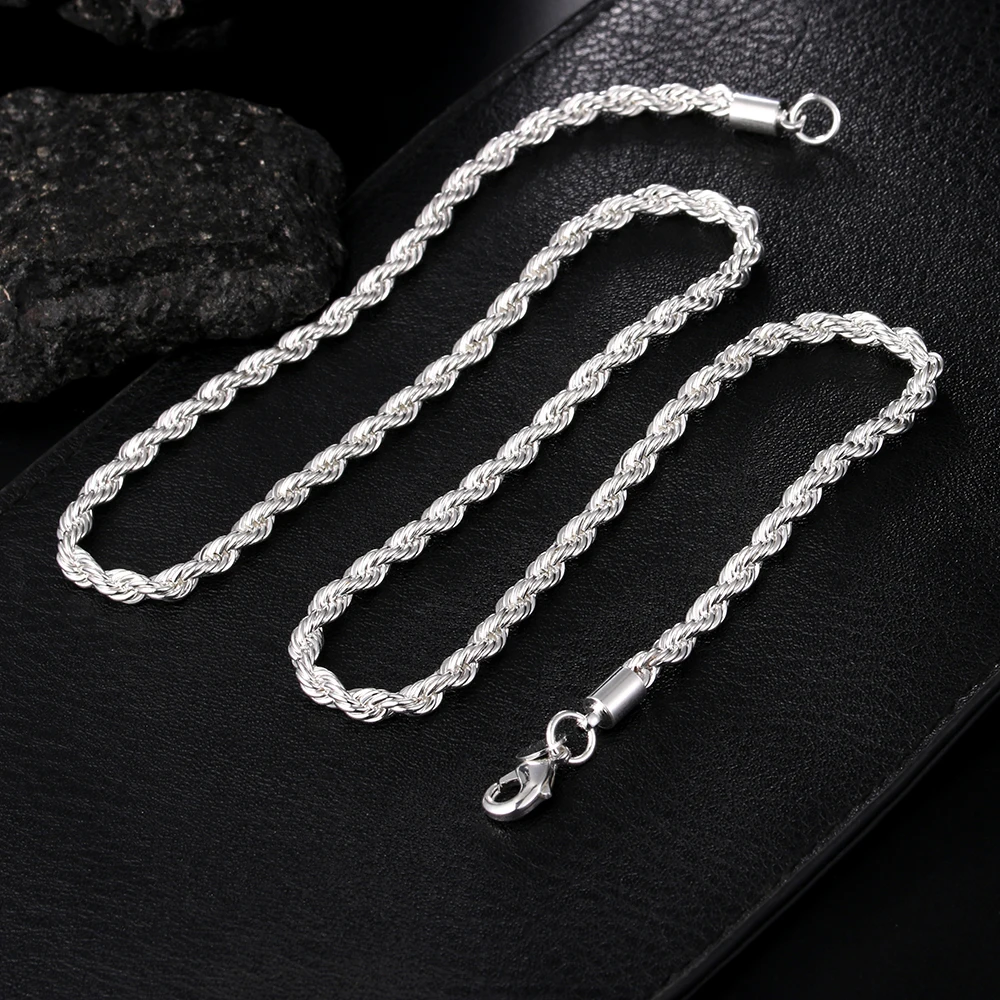 High quality 925 Sterling Silver 4MM Women Men chain Male Twisted Rope Necklace Bracelets Fashion Silver Jewelry Set