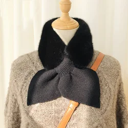 Korean Women Bow Knit Wool Warm Scarf Winter Faux Rabbit Fur Thicken Windproof Cross False Collar Neck Guard Plush Shawl O77