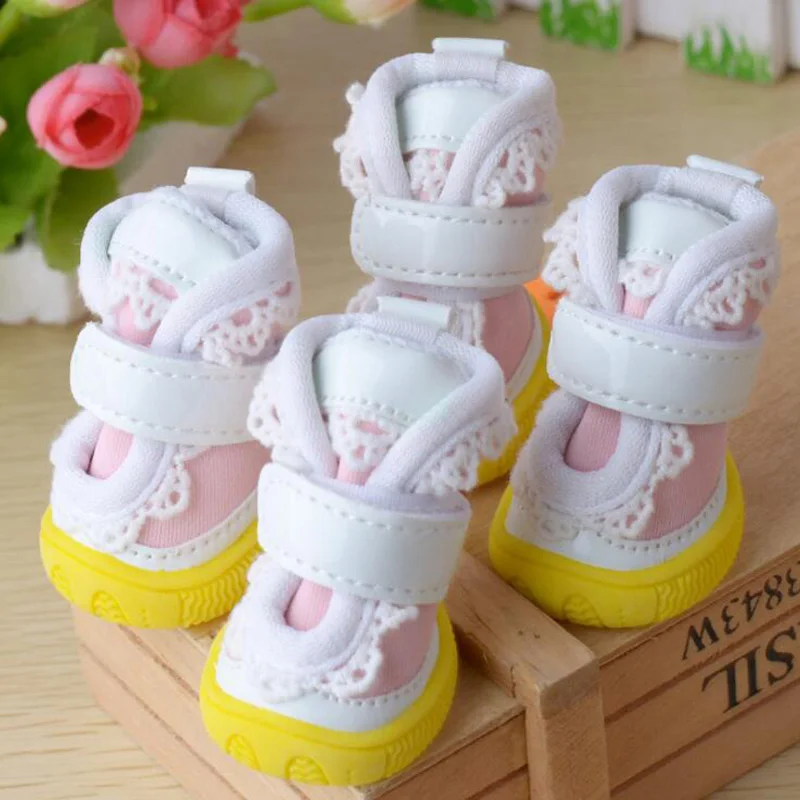 4pcs/set Waterproof Dog Rain Boots Cute Lace Anti-slip Dog Shoes Winter Warm PU Small Dog Booties Snow Boots For Chihuahua Teddy