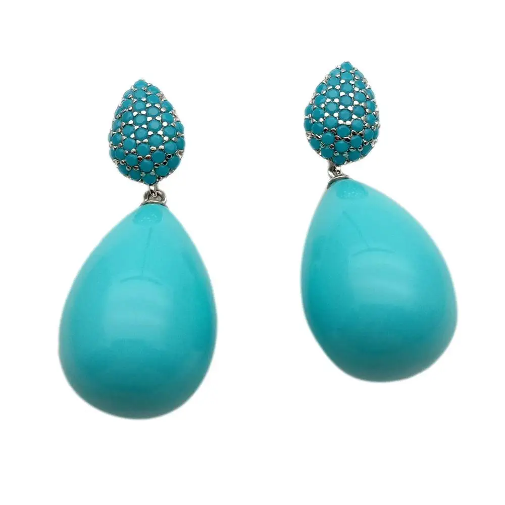 YYGEM 16x23mm Turquoise Blue Sea Shell Teardrop Cz Pave Stud Earrings For Women Fashion Jewelry