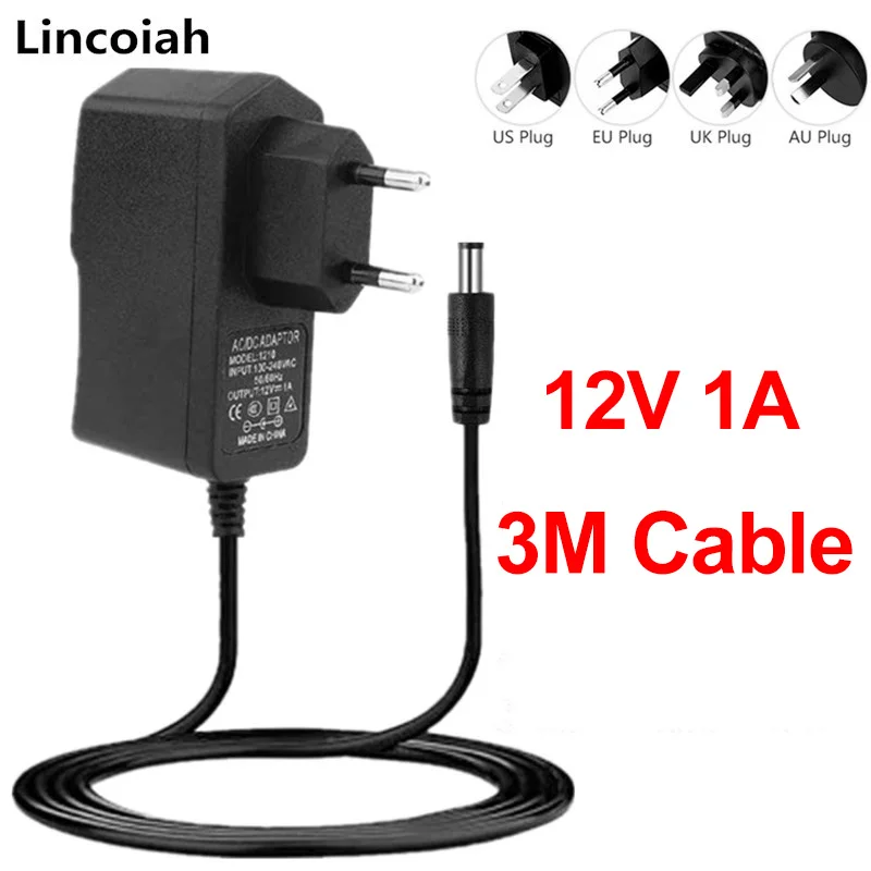 12V 1A AC 100V-240V Converter Adapter DC 12V 1A 1000mA Power Supply 3Meter EU UK AU US Plug 5.5mm x 2.1mm for CCTV Camera System