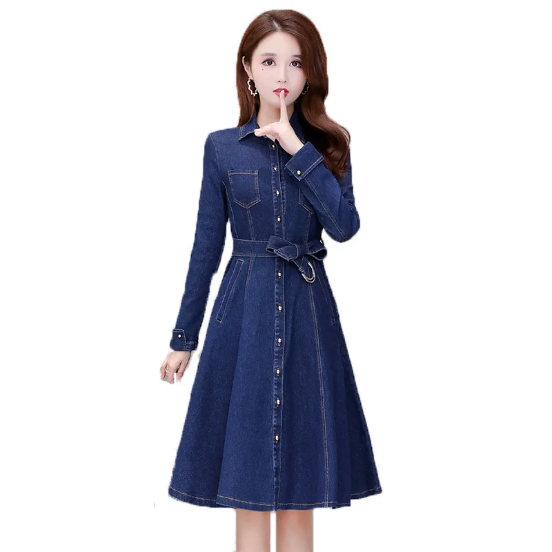 

Spring Autumn Women Denim Dress Elegant Fashion Turn-down Collar Long Sleeve Jean Dresses Female Slim A-Line Knee-Length Dress