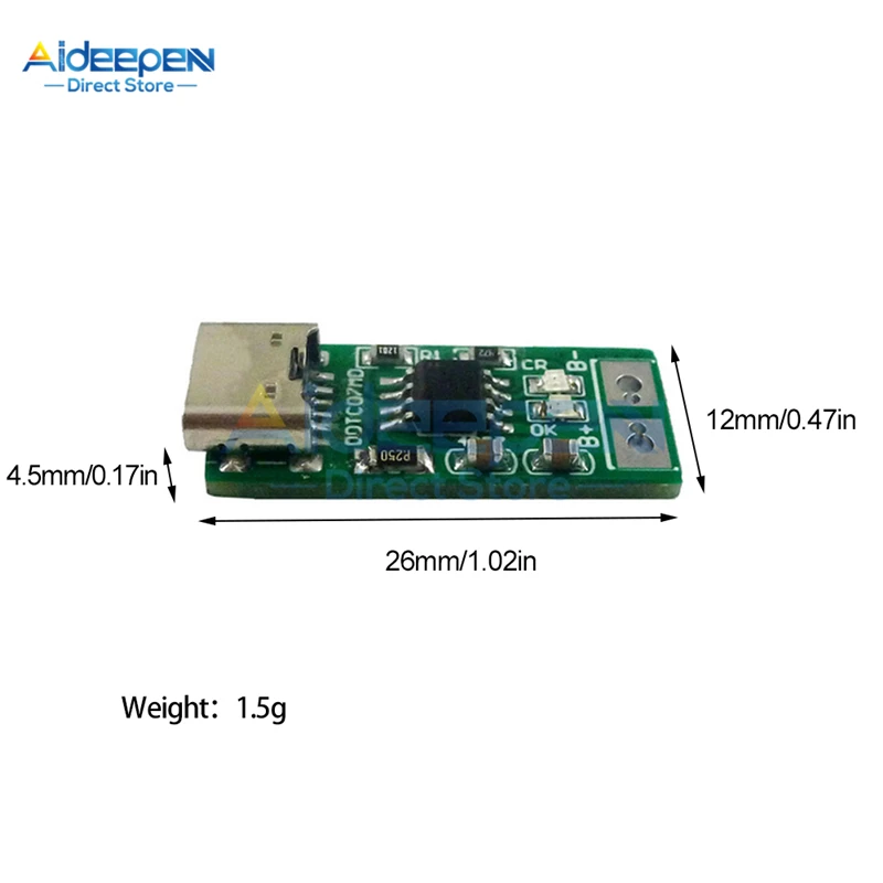 1S Type-C USB to 4.2V 4.35V 1A Step-down Buck LiPo Polymer Li-Ion Charger for 3.7V 3.8V 18650 Lithium Battery