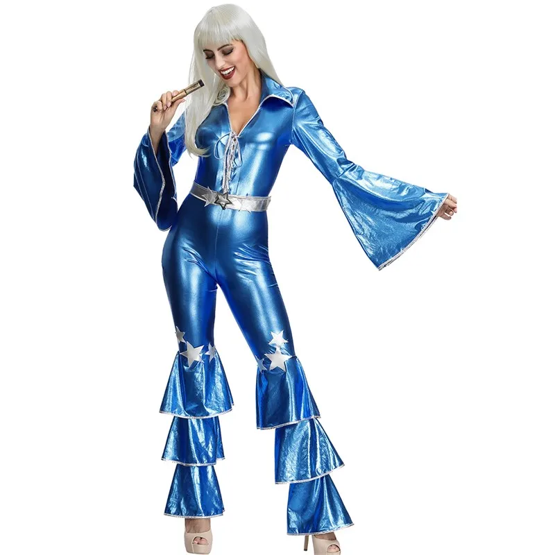 Disfraz Hippie Retro de los años 70 y 80 para mujer, traje azul para cantante de discoteca, actuación en escenario, Cosplay de Halloween, vestido elegante